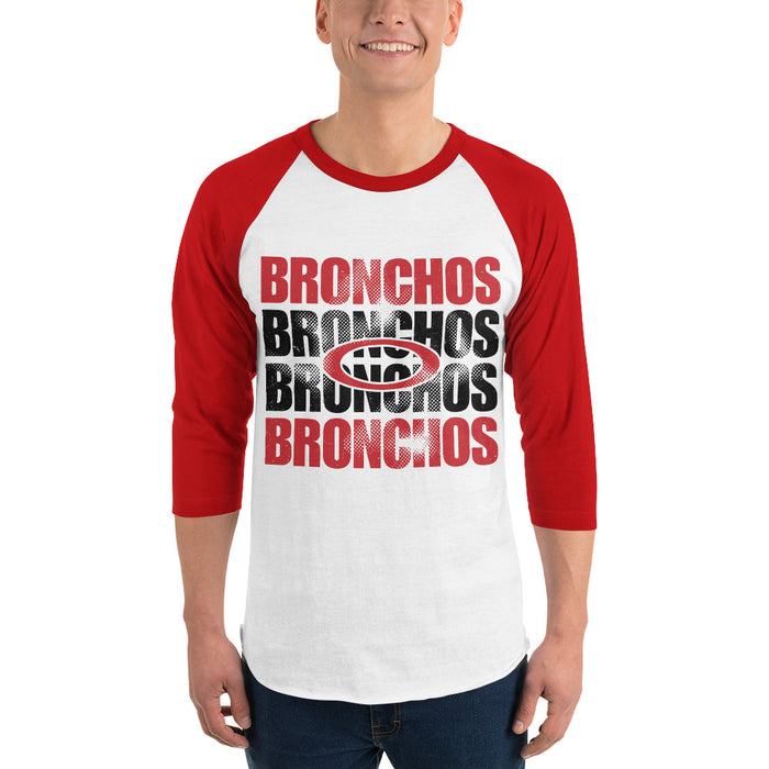 Man wearing Odessa High School Bronchos Unisex 3/4 sleeve Raglan T-shirt 233