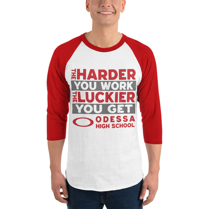 Man wearing Odessa High School Bronchos Unisex 3/4 sleeve Raglan T-shirt 238