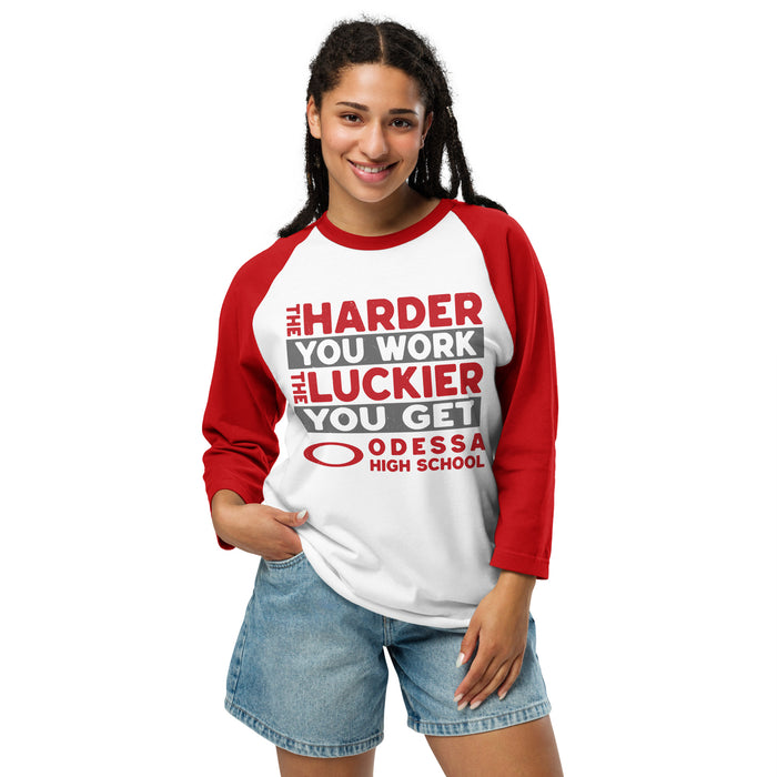 Woman wearing Odessa High School Bronchos Unisex 3/4 sleeve Raglan T-shirt 238