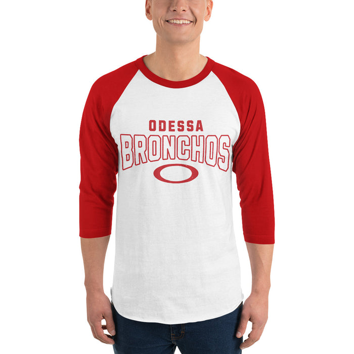 Man wearing Odessa High School Bronchos Unisex 3/4 sleeve Raglan T-shirt 234