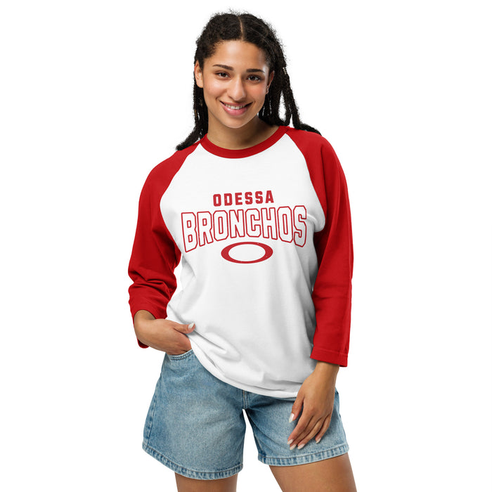 Woman wearing Odessa High School Bronchos Unisex 3/4 sleeve Raglan T-shirt 234