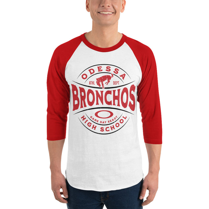 Man wearing Odessa High School Bronchos Unisex 3/4 sleeve Raglan T-shirt 218