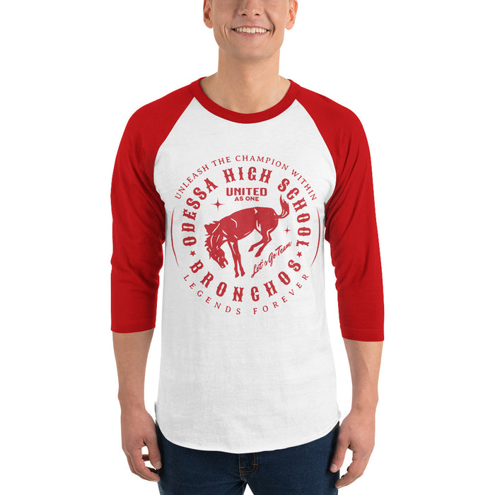 Man wearing Odessa High School Bronchos Unisex 3/4 sleeve Raglan T-shirt 214