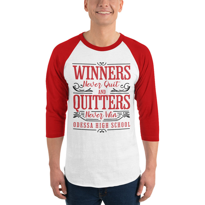 Man wearing Odessa High School Bronchos Unisex 3/4 sleeve Raglan T-shirt 237