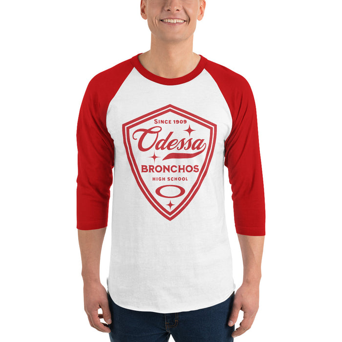 Man wearing Odessa High School Bronchos Unisex 3/4 sleeve Raglan T-shirt 225