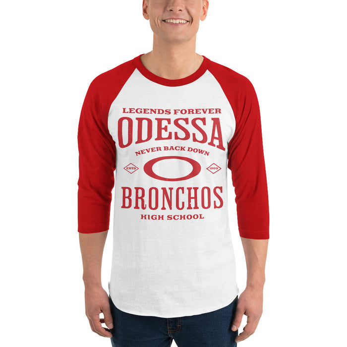 Man wearing Odessa High School Bronchos Unisex 3/4 sleeve Raglan T-shirt 230