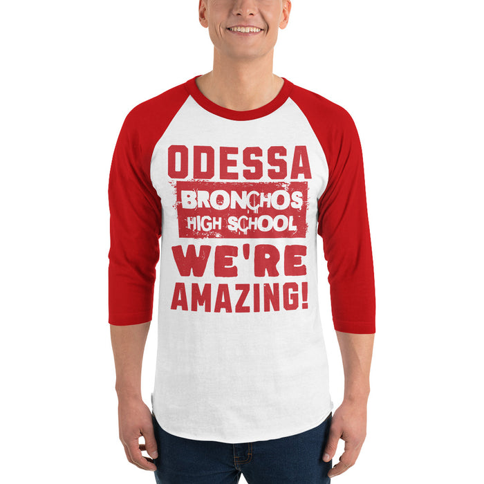 Man wearing Odessa High School Bronchos Unisex 3/4 sleeve Raglan T-shirt 231