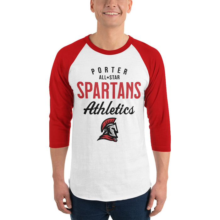 Man wearing Porter High School Spartans Unisex 3/4 Sleeve Raglan T-shirt 034