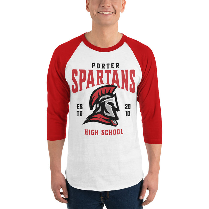 Man wearing Porter High School Spartans Unisex 3/4 Sleeve Raglan T-shirt 213