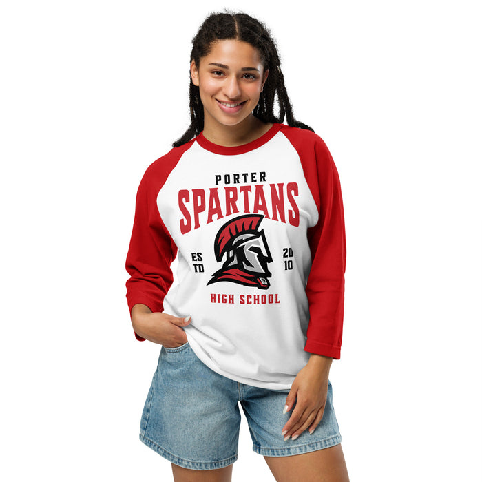 Woman wearing Porter High School Spartans Unisex 3/4 Sleeve Raglan T-shirt 213