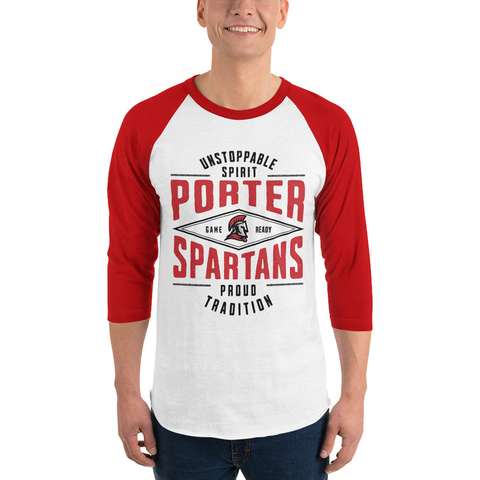 Man wearing Porter High School Spartans Unisex 3/4 Sleeve Raglan T-shirt 210