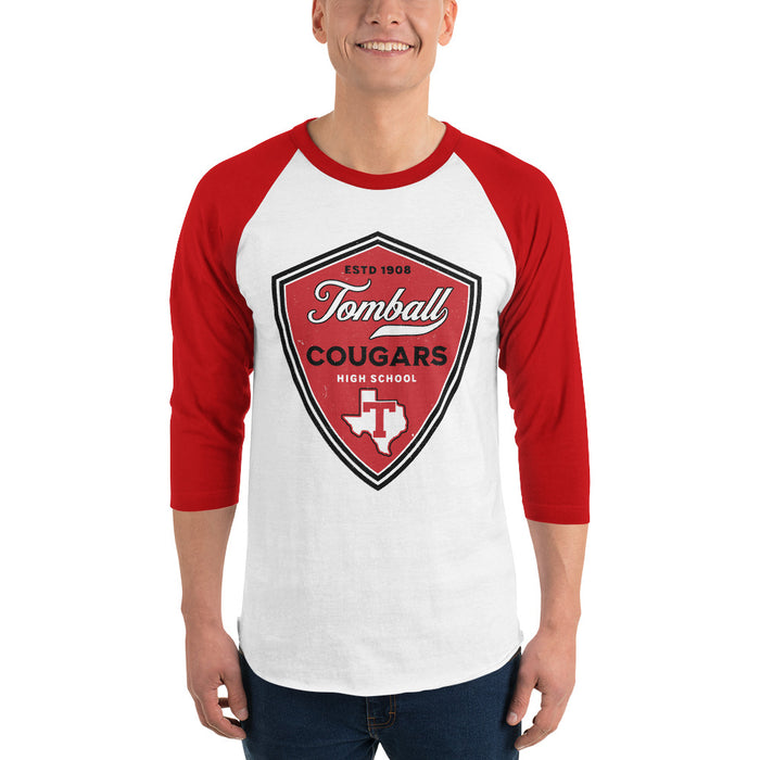 Man wearing Tomball High School Cougars Unisex 3/4 sleeve Raglan T-shirt 225