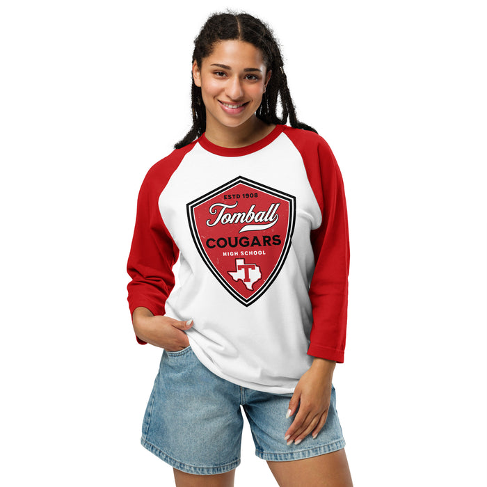 Woman wearing Tomball High School Cougars Unisex 3/4 sleeve Raglan T-shirt 225