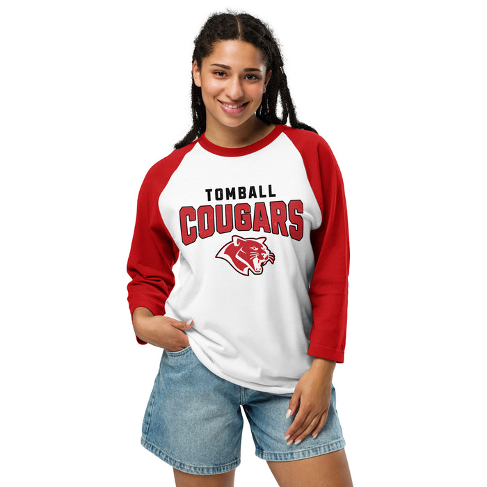 Woman wearing Tomball High School Cougars Unisex 3/4 sleeve Raglan T-shirt 234