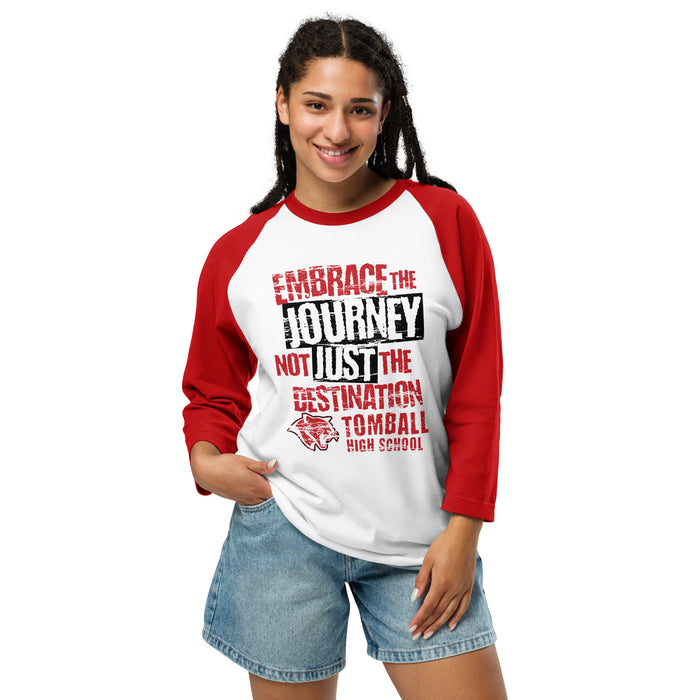 Woman wearing Tomball High School Cougars Unisex 3/4 sleeve Raglan T-shirt 232