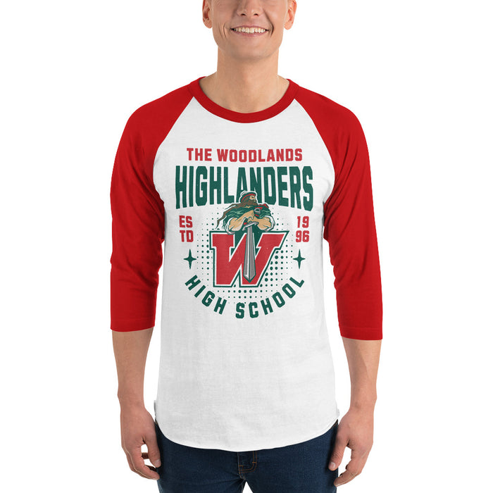 Man wearing The Woodlands High School Highlanders Unisex 3/4 sleeve Raglan T-shirt 204
