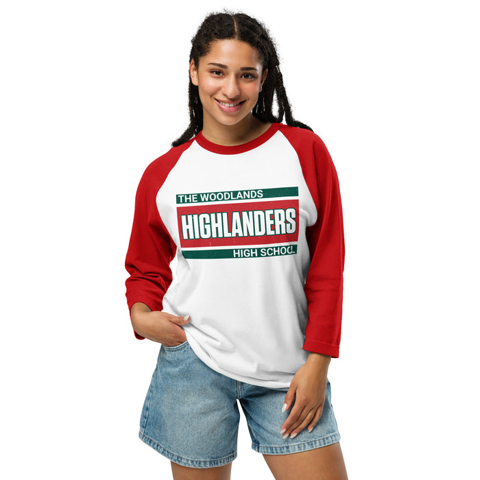 Woman wearing The Woodlands High School Highlanders Unisex 3/4 sleeve Raglan T-shirt 098