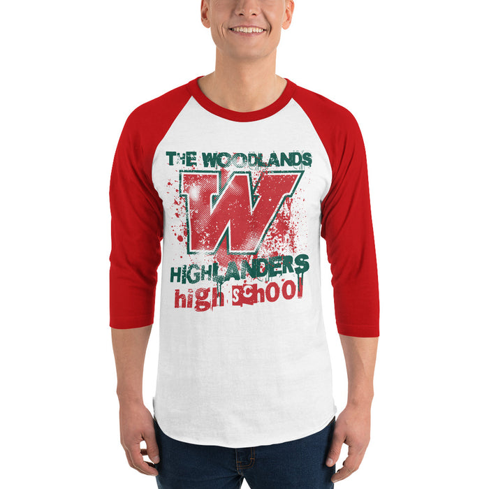 Man wearing The Woodlands High School Highlanders Unisex 3/4 sleeve Raglan T-shirt 205