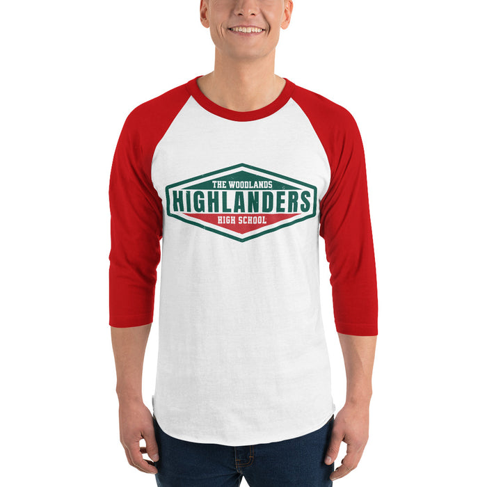 Man wearing The Woodlands High School Highlanders Unisex 3/4 sleeve Raglan T-shirt 009