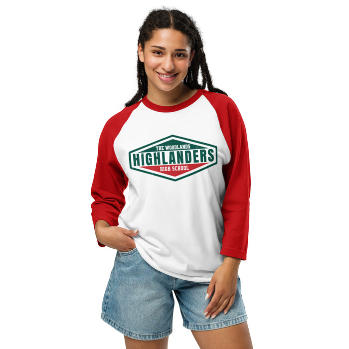 Woman wearing The Woodlands High School Highlanders Unisex 3/4 sleeve Raglan T-shirt 009