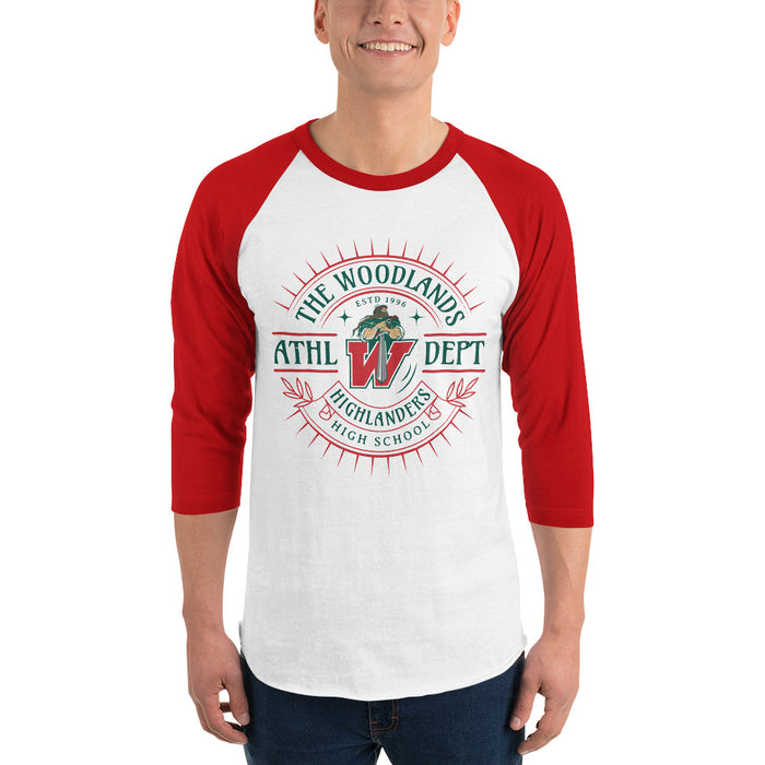 Man wearing The Woodlands High School Highlanders Unisex 3/4 sleeve Raglan T-shirt 201