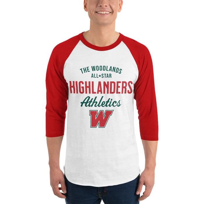 Man wearing The Woodlands High School Highlanders Unisex 3/4 sleeve Raglan T-shirt 034