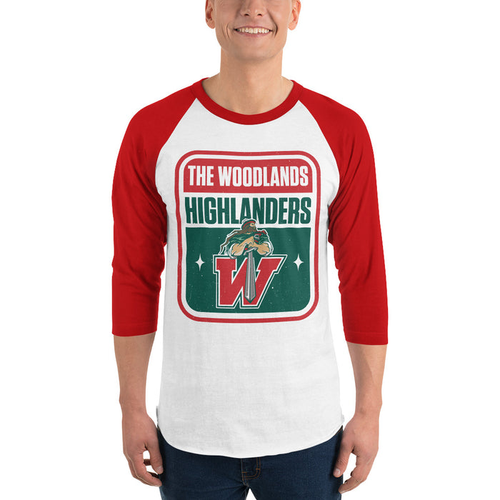 Man wearing The Woodlands High School Highlanders Unisex 3/4 sleeve Raglan T-shirt 001A