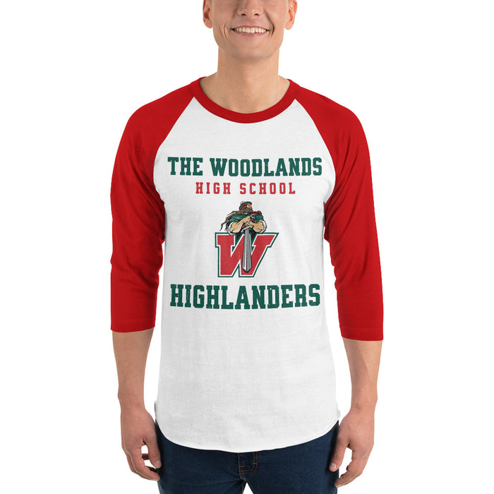Man wearing The Woodlands High School Highlanders Unisex 3/4 sleeve Raglan T-shirt 006