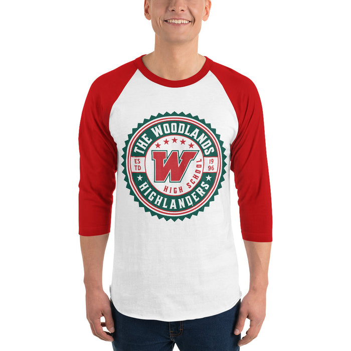 Man wearing The Woodlands High School Highlanders Unisex 3/4 sleeve Raglan T-shirt 203