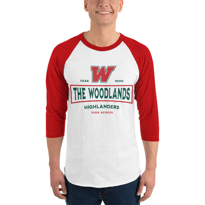 Back view of The Woodlands High School Highlanders Unisex 3/4 sleeve Raglan T-shirt 202