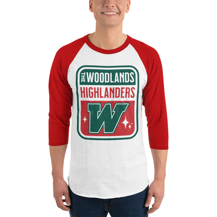 Man wearing The Woodlands High School Highlanders Unisex 3/4 sleeve Raglan T-shirt 001