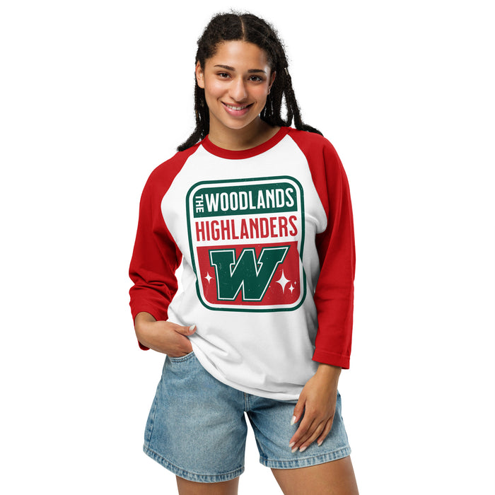 Woman wearing The Woodlands High School Highlanders Unisex 3/4 sleeve Raglan T-shirt 001