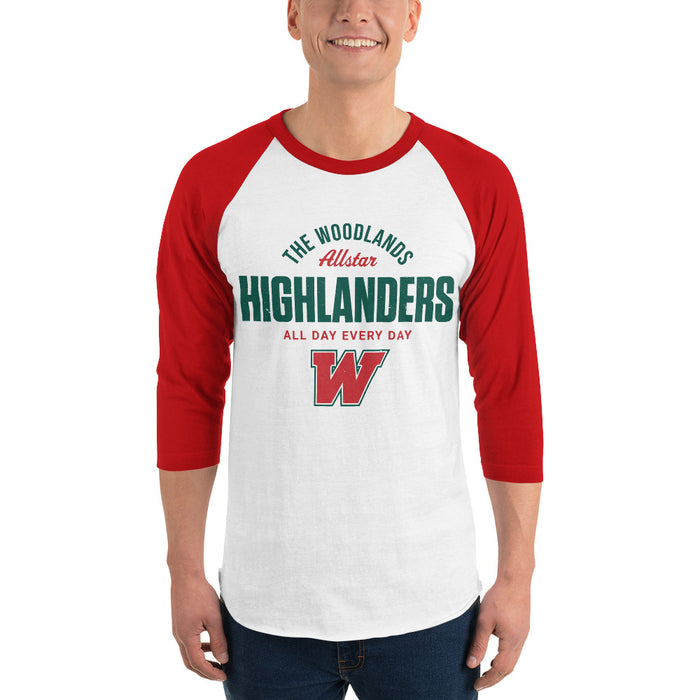 Man wearing The Woodlands High School Highlanders Unisex 3/4 sleeve Raglan T-shirt 040