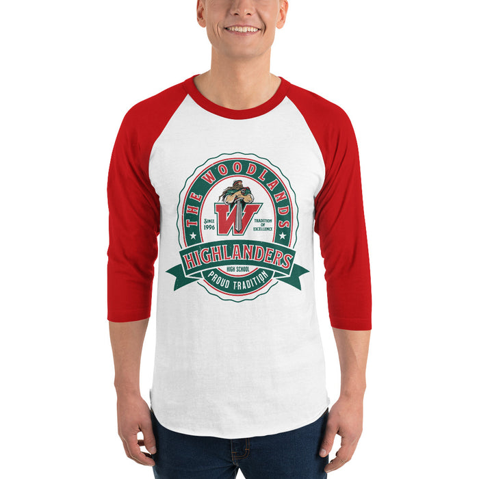 Man wearing The Woodlands High School Highlanders Unisex 3/4 sleeve Raglan T-shirt 212