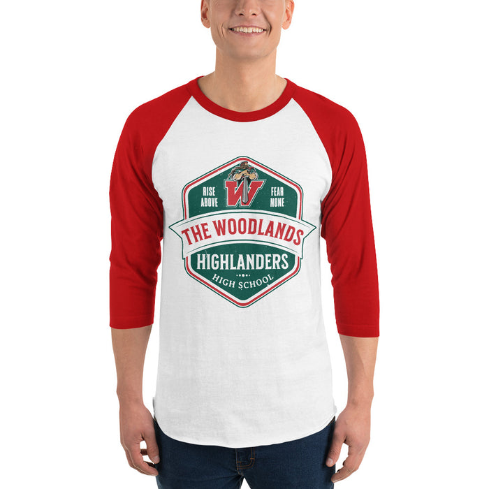 Man wearing The Woodlands High School Highlanders Unisex 3/4 sleeve Raglan T-shirt 209