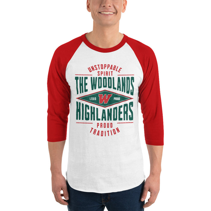 Man wearing The Woodlands High School Highlanders Unisex 3/4 sleeve Raglan T-shirt 210