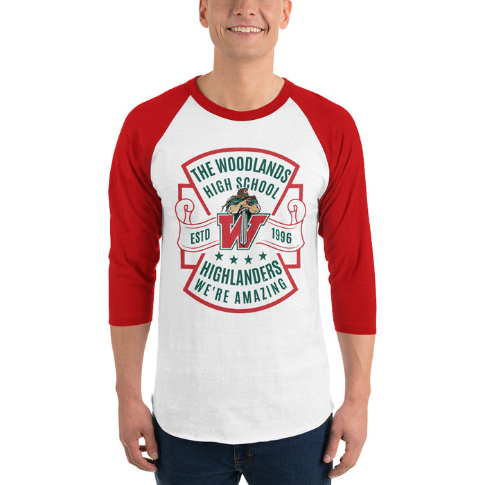 Man wearing The Woodlands High School Highlanders Unisex 3/4 sleeve Raglan T-shirt 207