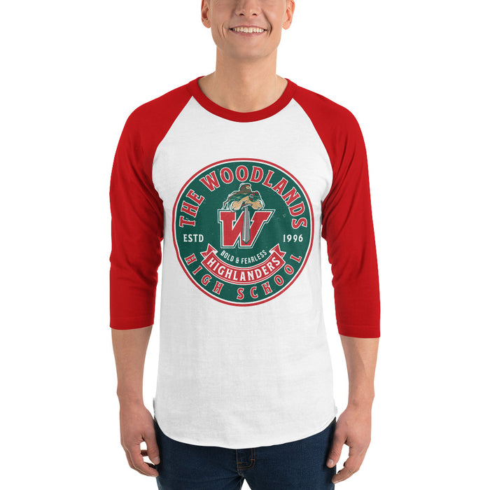 Man wearing The Woodlands High School Highlanders Unisex 3/4 sleeve Raglan T-shirt 215