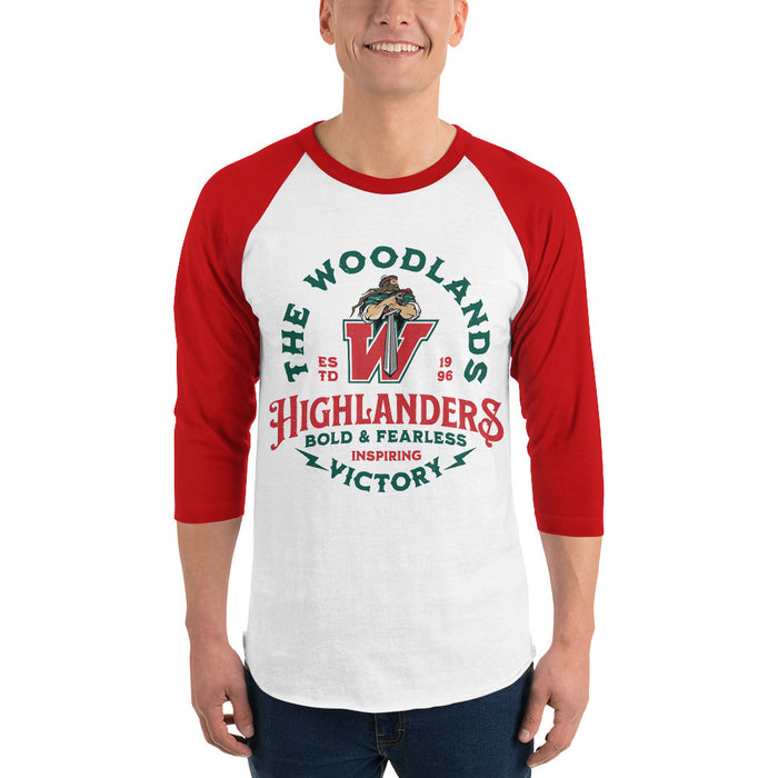 Man wearing The Woodlands High School Highlanders Unisex 3/4 sleeve Raglan T-shirt 206