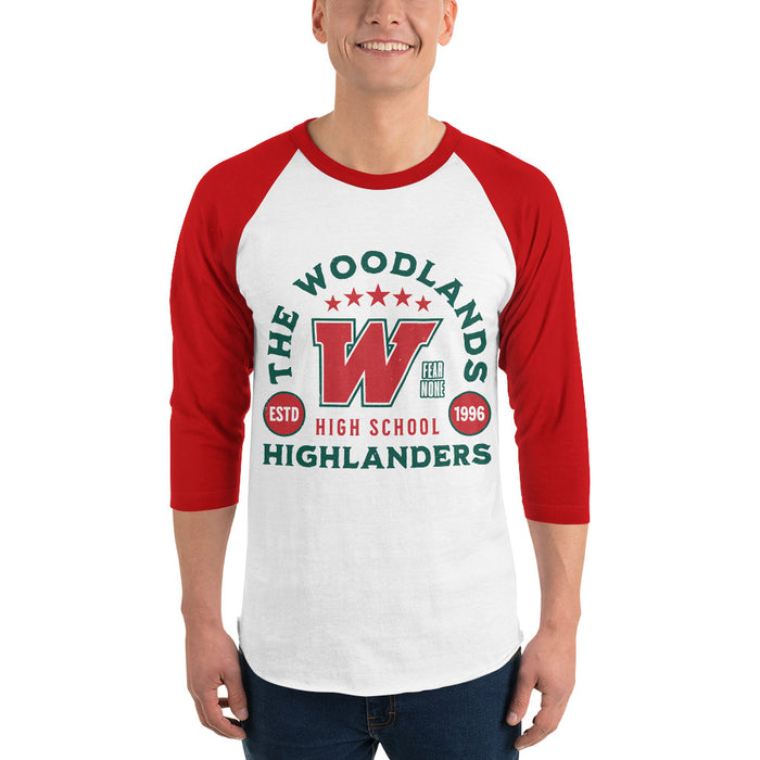 Man wearing The Woodlands High School Highlanders Unisex 3/4 sleeve Raglan T-shirt 208