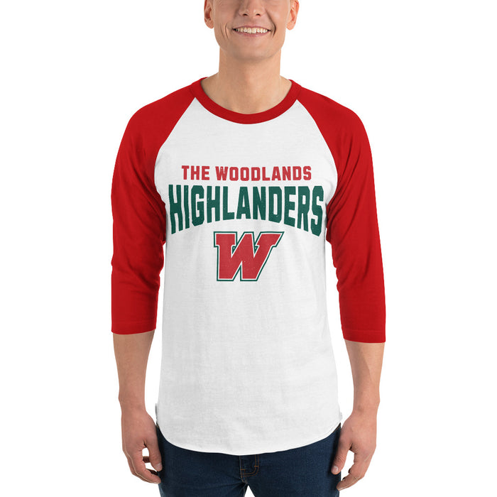 Man wearing The Woodlands High School Highlanders Unisex 3/4 sleeve Raglan T-shirt 234