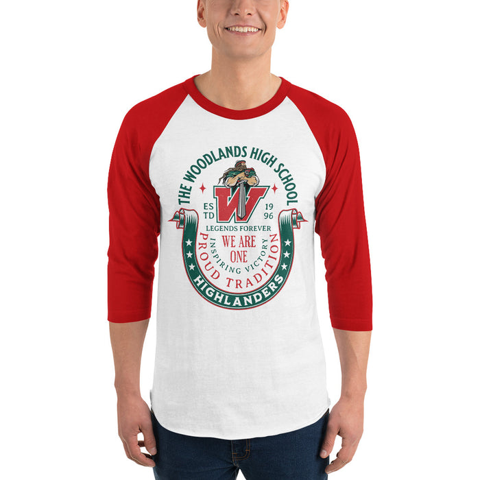 Man wearing The Woodlands High School Highlanders Unisex 3/4 sleeve Raglan T-shirt 229