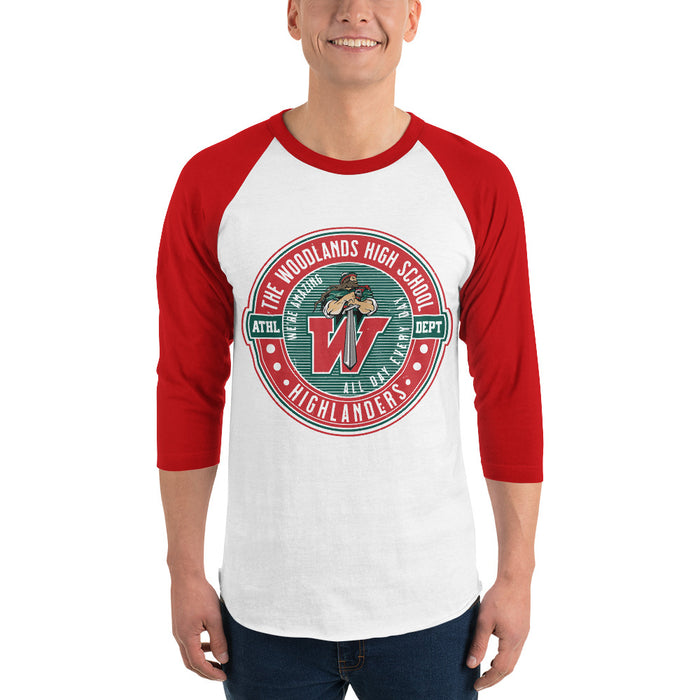 Man wearing The Woodlands High School Highlanders Unisex 3/4 sleeve Raglan T-shirt 224