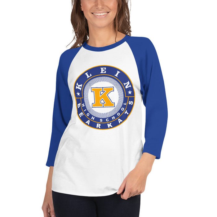 Woman wearing a Klein High School Bearkats Unisex 3/4 Sleeve Raglan T-shirt 02