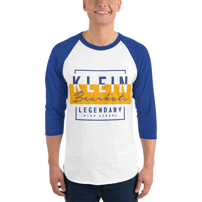 Man wearing a Klein High School Bearkats Unisex 3/4 Sleeve Raglan T-shirt 05Close-up of Klein High School Bearkats Unisex 3/4 Sleeve Raglan T-shirt 05