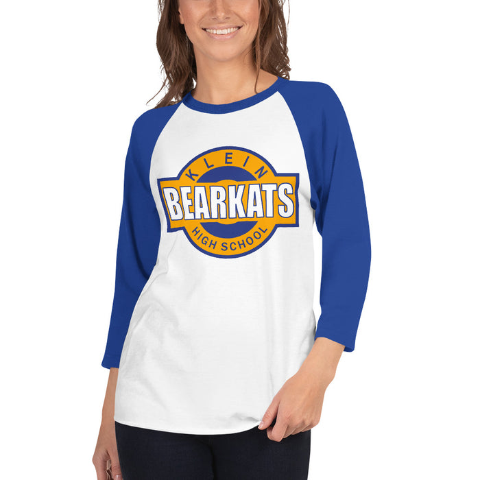 Woman wearing a Klein High School Bearkats Unisex 3/4 Sleeve Raglan T-shirt 11