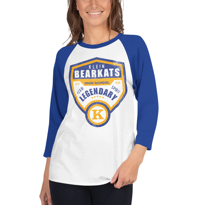 Woman wearing a Klein High School Bearkats Unisex 3/4 Sleeve Raglan T-shirt 14