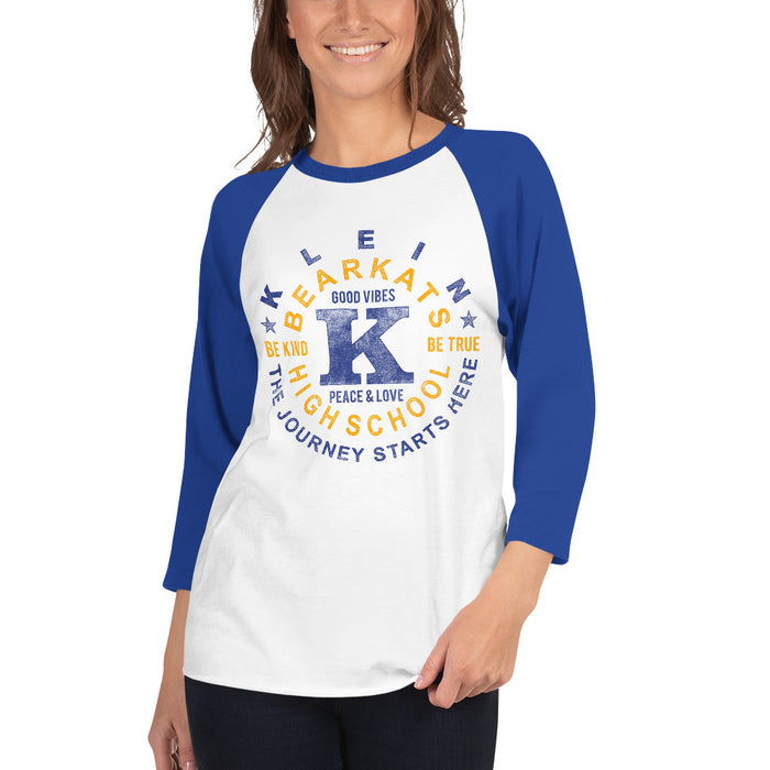 Woman wearing a Klein High School Bearkats Unisex 3/4 Sleeve Raglan T-shirt 16