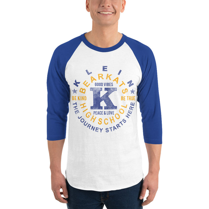 Man wearing a Klein High School Bearkats Unisex 3/4 Sleeve Raglan T-shirt 16