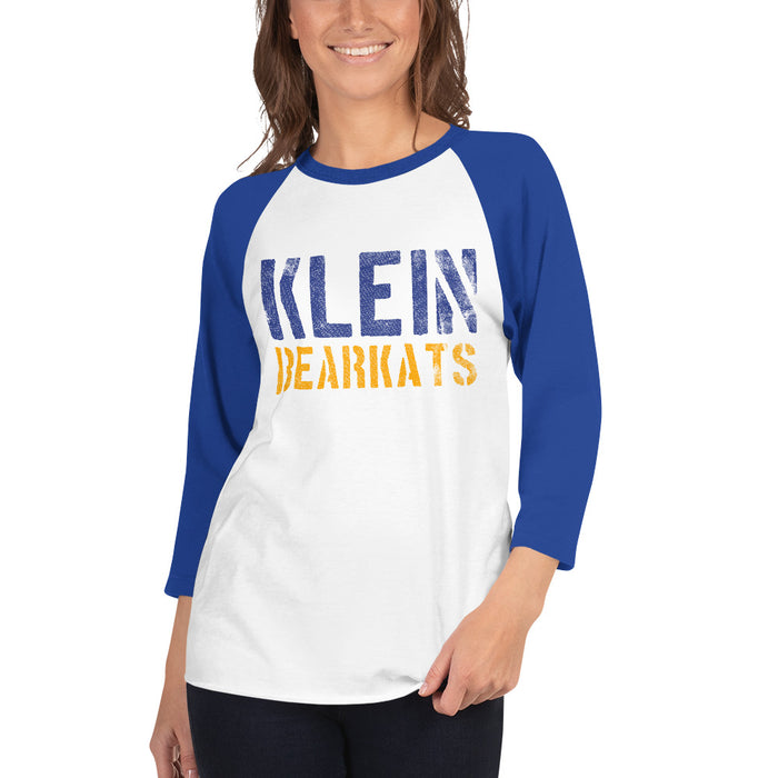 Woman wearing a Klein High School Bearkats Unisex 3/4 Sleeve Raglan T-shirt 17